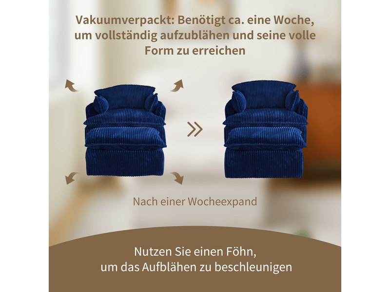  Fauteuil avec pouf compressé sans montage  - mousse haute densité, flanelle bleu, 115 × 89 × 77 cm  - Conforama E