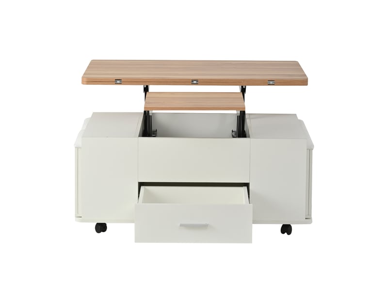 Table basse relevable et extensible 100x50cm avec 4 poufs de rangement, transformable en table à manger, blanc et bois - Conforama A