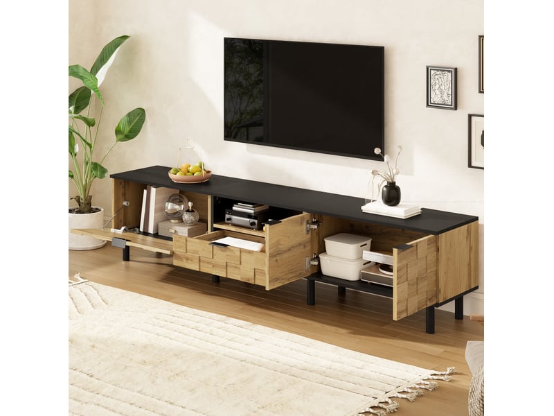  Meuble tv mosaïque 170 cm, 2 portes, tiroir et niche ouverte, décor bois noir  - Conforama E