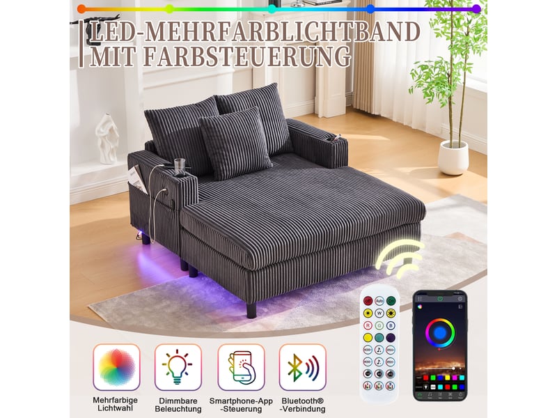  Canapé 2 places en velours côtelé gris foncé avec led, usb et porte-gobelets intégrés pour salon  - Conforama D