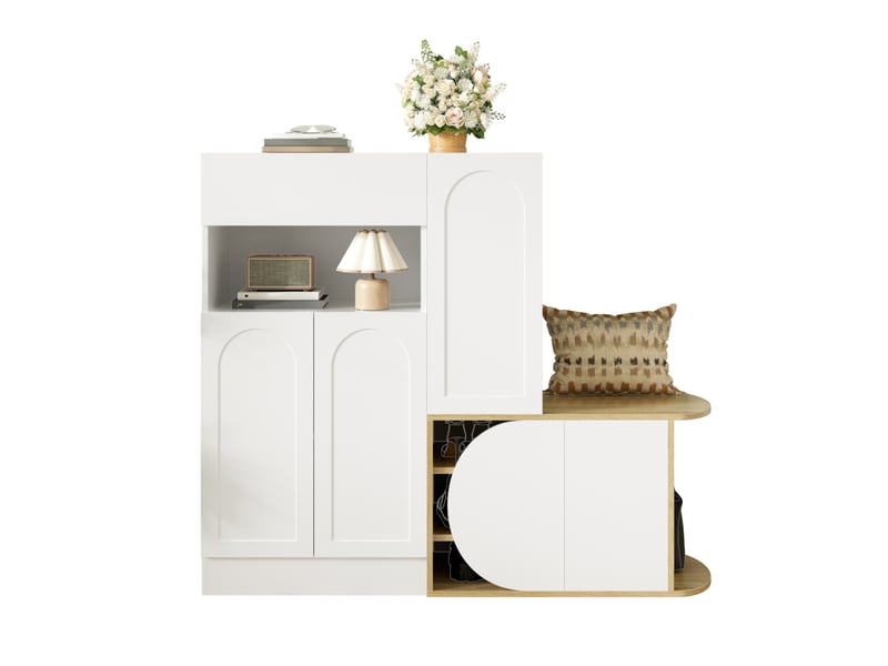  Meuble à chaussures 130x35x110,5 cm avec banquette, 5 portes, 1 tiroir et niche ouverte, grand rangement - Blanc et naturel Fay Lum - Conforama A