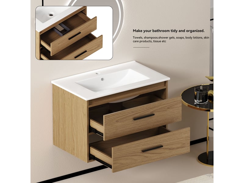  Meuble de salle de bain à 2 tiroirs - lpospi - rangement en mdf et céramique chêne clair 75 cm  - Conforama E
