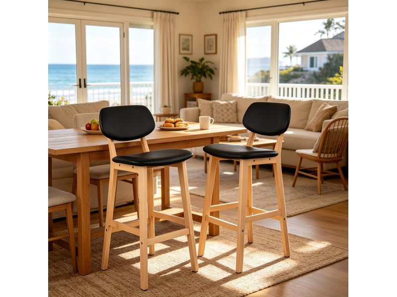Lot de 2 tabourets de bar avec dossier et assise rembourrée, noirs et bois - Conforama D