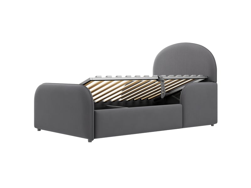 Lit enfant velours gris 90x200 cm avec rangement hydraulique et barrières de sécurité - Conforama E
