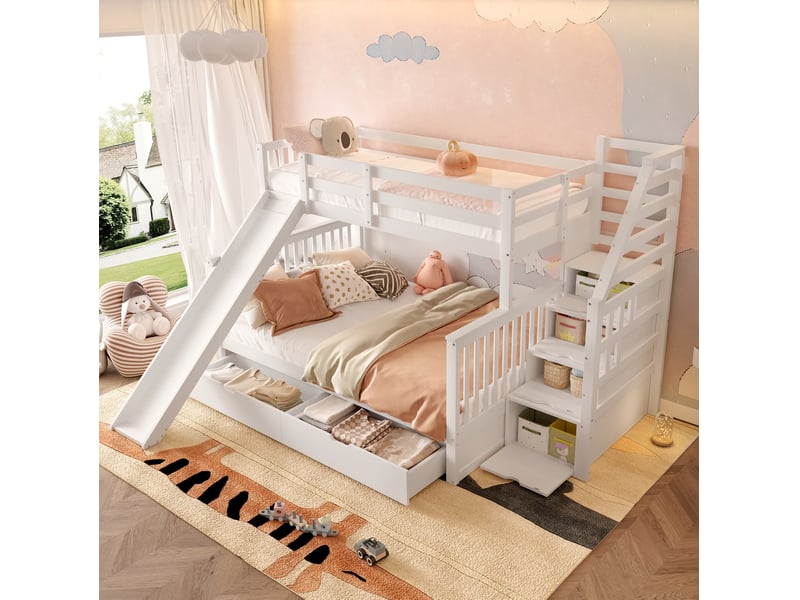 Lit superposé enfant 90x200 et 140x200 cm avec toboggan, rangements, blanc - Conforama B