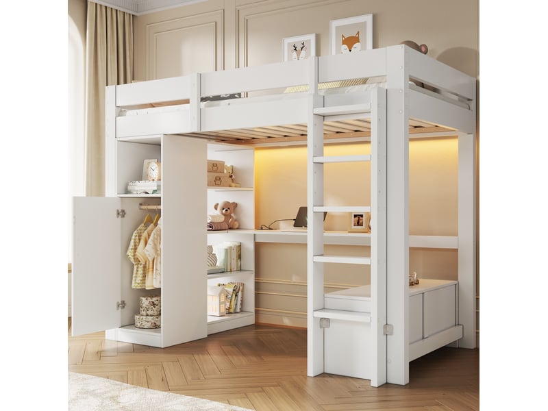  Lit mezzanine 90 × 200 cm avec armoire, étagères, bureau intégré, 2 tiroirs, led et port usb pour chambre  - Conforama E