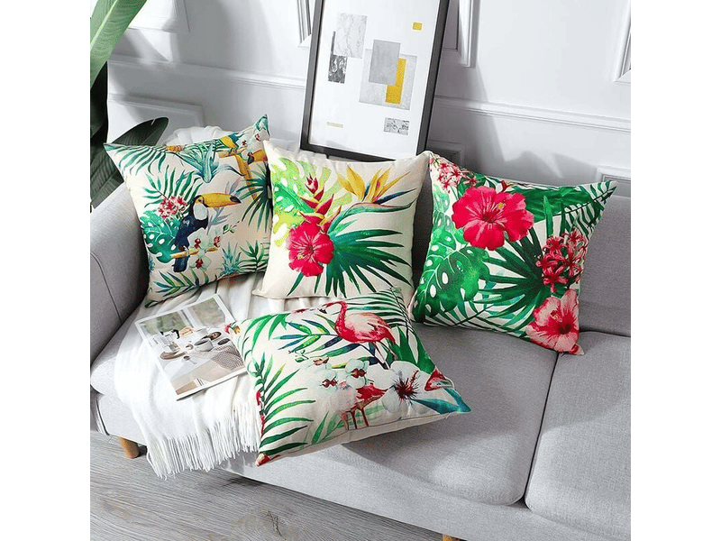  Lot de 4 housse de coussin - 45 x 45 cm, lot de 4 housses de coussin d'extérieur imperméables à motif plantes tropicales, fleurs et oiseaux, housse de coussin, vert  - Conforama B