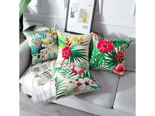 Lot de 4 housse de coussin - 45 x 45 cm, lot de 4 housses de coussin d'extérieur imperméables à motif plantes tropicales, fleurs et oiseaux, housse de coussin, vert