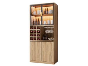 Vitrine avec portes vitrées, éclairage led à 3 couleurs et support à verres amovible pour salle à manger, en mdf naturel