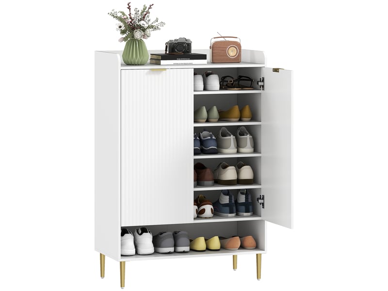  Étagère à chaussures gain de place pour 24 paires de chaussures, avec 2 portes, 3 étagères coulissantes et une étagère inférieure, blanche  - Conforama A