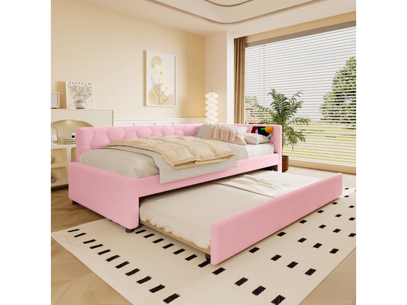  Lit gigogne 90x200 cm, avec tiroir-lit multifonction et ports usb et type-c, avec lattes, en tissu, rose, sans matelas  - Conforama B