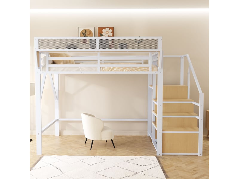  Lit mezzanine blanc 140x200cm avec échelle, compartiment flexible, bureau et étagères, structure robuste - fer - pour enfant ado  - Conforama B