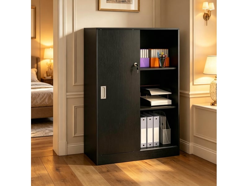  Armoire à dossiers 80x40x120 cm à 2 portes coulissantes verrouillables, noire  - Conforama B