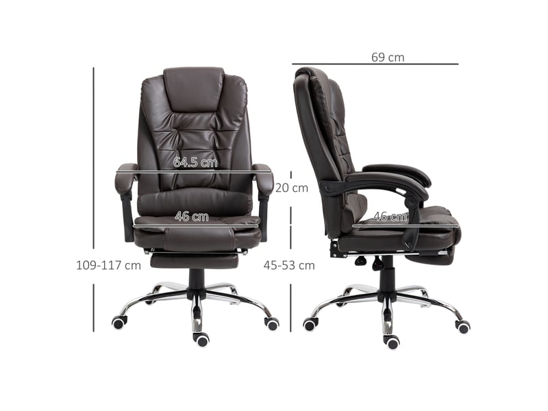  Fauteuil de bureau inclinable style présidentiel avec repose-pieds, 64,5 x 69 x 109-117 cm, couleur café  - Conforama D