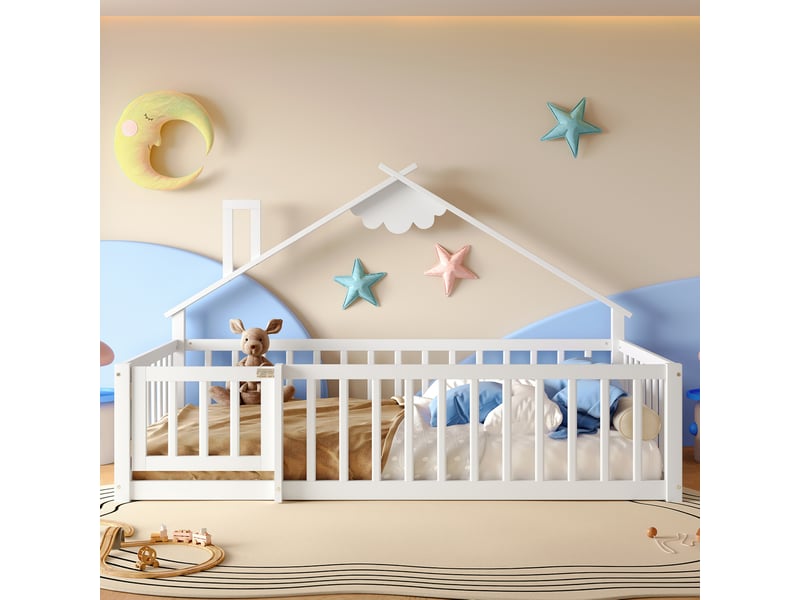  Lit enfant maison 90x190 cm barrière 32 cm avec serrure sécurité rêve design bois pin + mdf blanc sans matelas  - Conforama B
