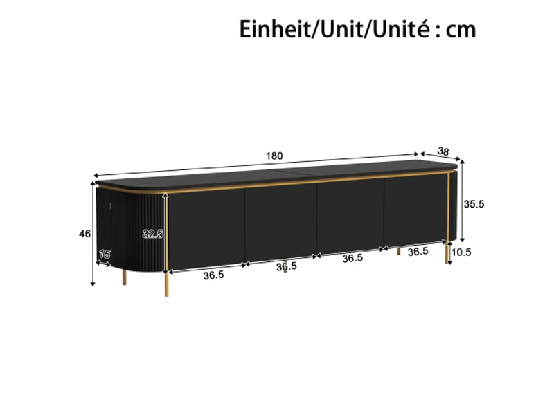  Buffet tv mdf 6 portes, pieds en fer, extrémités arrondies, façades rainurées, passage câbles — meuble salon  - Conforama C