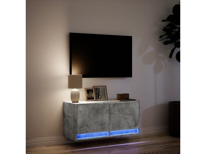  Meuble tv - banc tv - meuble de rangement mural avec lumières led gris béton 80x31x35 cm  - Conforama E