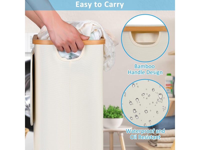  Panier à linge sur roulettes, panier à linge en forme de l avec couvercle, pliable, avec poignées en bambou et doublures amovibles pour chambre et sal - beige  - Conforama C