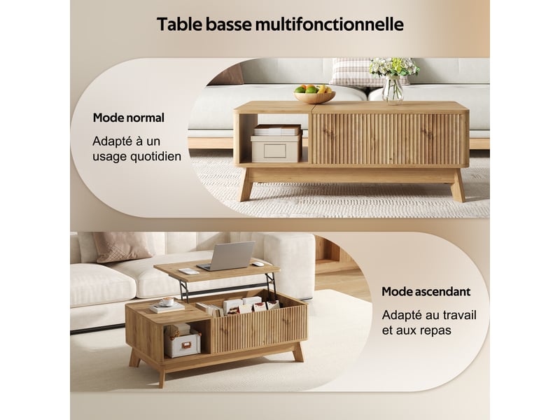 Table basse relevable, design ondulé, compartiment latéral ouvert, matériau mdf, style moderne  - Conforama D