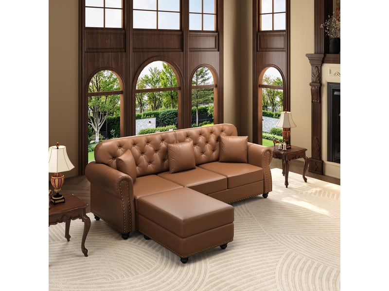  Canapé chesterfield 3 places + 1 pouf en simili cuir marron, 210 cm Fay Lum - Conforama B