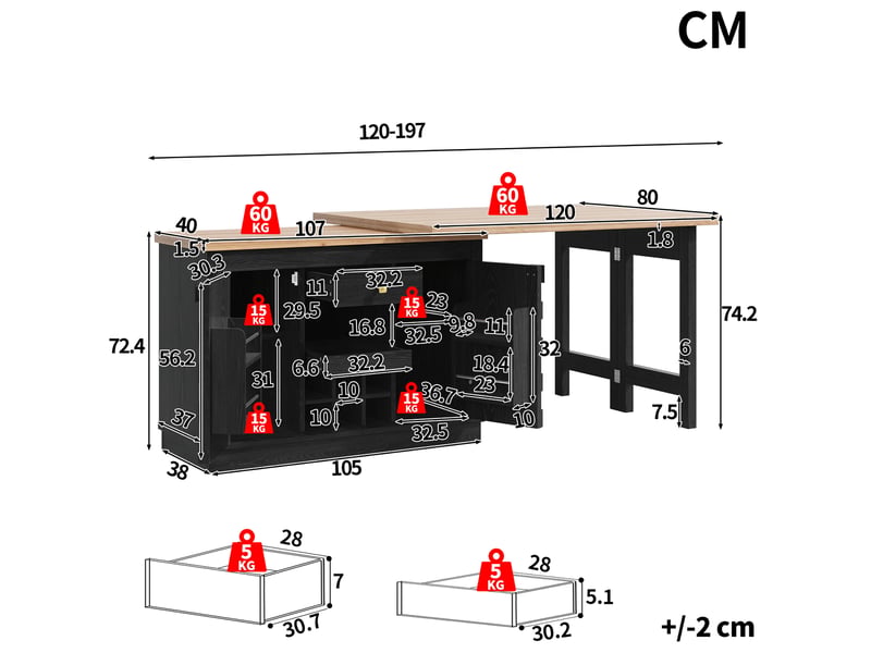  Îlot de cuisine 120-197x40x74,2 cm pivotant à 360°, rangements, porte-bouteilles amovible, tiroir, mdf, couleur noir  - Conforama C