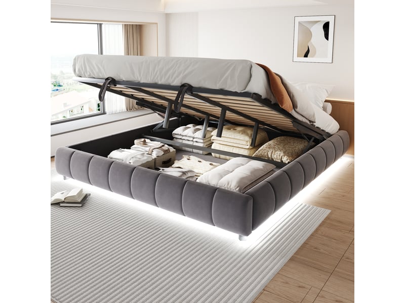  Lit double 180x200 cm, rangement hydraulique sous le sommier, cadre flottant avec led blanche intégrée, sans tête de lit, velours, gris  - Conforama C