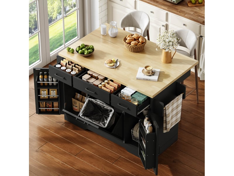  Desserte de cuisine avec plateau rabattable, rangement, poubelle intégrée et roulettes, mdf noir, 120 × 45 (70) × 87 cm  - Conforama B