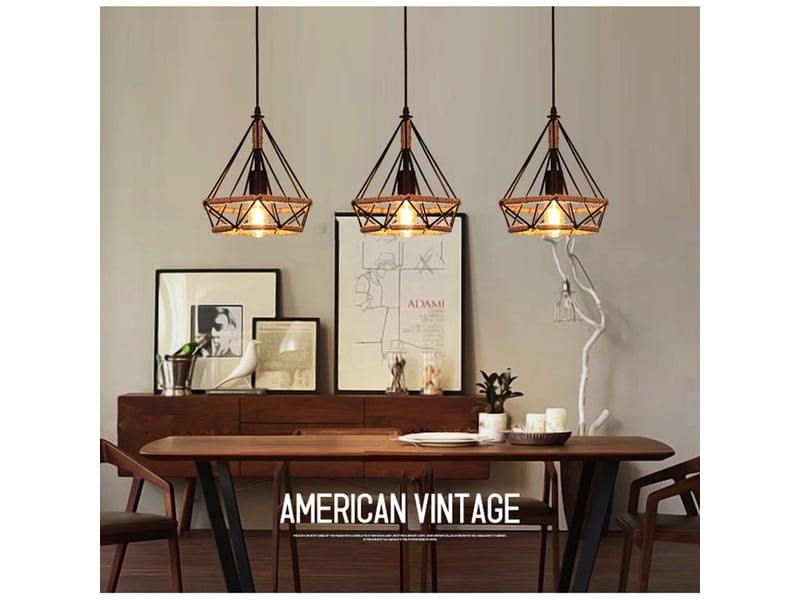  Suspension industrielle design 3 lampes diamant chanvre corde métal  - Conforama B