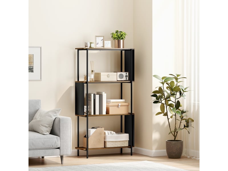  Étagère de rangement, bibliothèque à 4 niveaux avec panneaux latéraux incurvés, cadre en acier, 80x30x141cm, marron  - Conforama D
