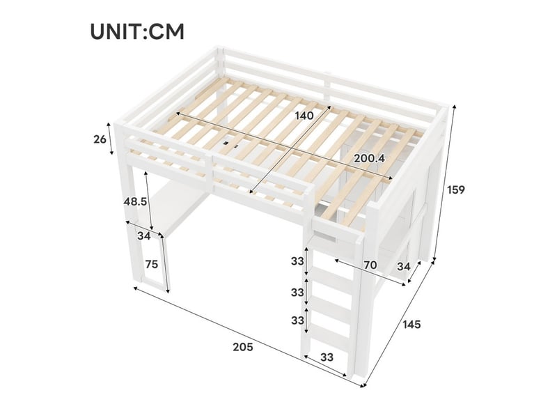 Lit mezzanine 140x200 cm avec bureau, étagères, armoire, port usb et éclairage led, blanc - Conforama C