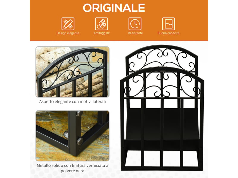  Porte-bûches intérieur et extérieur en métal noir, étagère incurvée, capacité 60 kg  - Conforama R