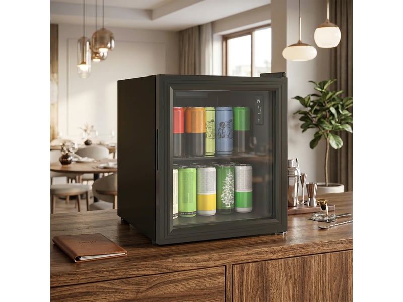  Réfrigérateur à boissons 46l 59 canettes, noir, mini frigo silencieux pose libre avec porte en verre trempé double  - Conforama A