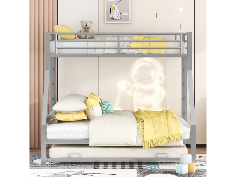  Lit superposé 4 places 90×200 cm, 140×200 cm et 90×190 cm avec lit gigogne - okmyhome- métal argenté, sans matelas  - Conforama C