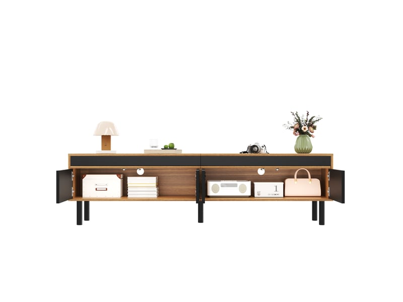  Meuble télévision bas 170x38x47 cm, 4 portes, grand rangement, pieds bois, panneau particules, noir et naturel  - Conforama A