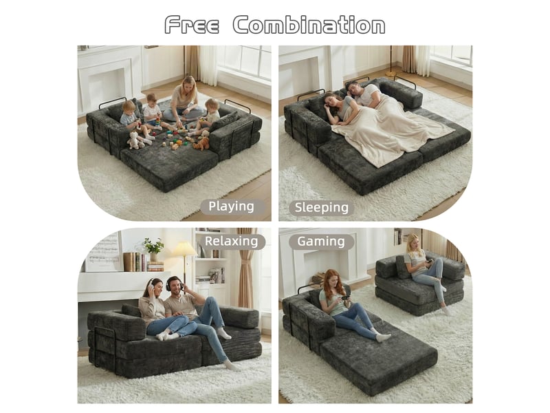  Canapé-lit compressé convertible 2 places, cadre fixe, modulable sans armature, chenille, sans montage, noir  - Conforama D