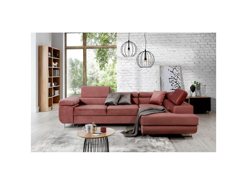  Canapé d'angle convertible menton rose velours – angle droit avec coffre  - Conforama B