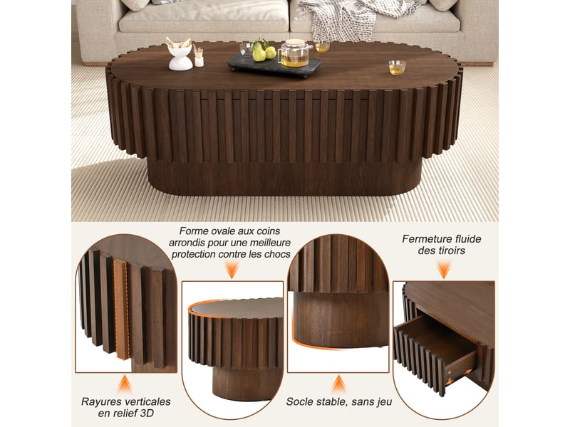  Table basse ovale 100x50x35,5 cm finition noyer, 1 tiroir et décor vertical rainuré Fay Lum - Conforama E