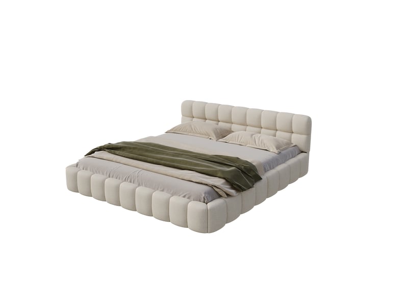  Lit adulte 160x200 à sommier à lattes, tête de lit capitonnée, cadre de lit rembourré en tissu lin, lit double design bulle, lit chambre sans matelas  - Conforama A