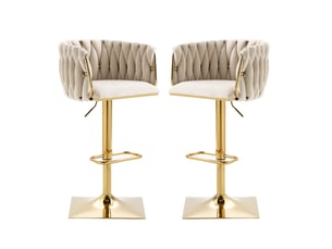 Lot de 2 tabourets de bar vintage réglables 65-83 cm – ivoire – dossier, accoudoirs et repose-pieds
