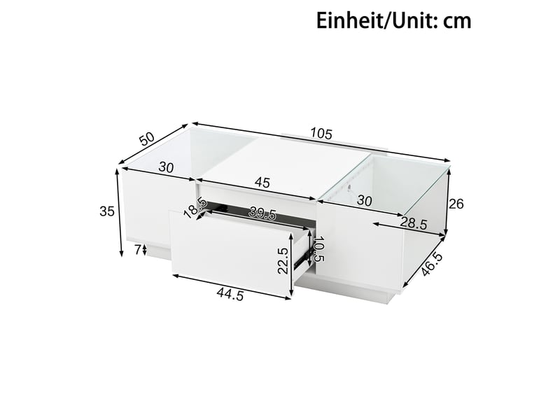  Table basse blanc, 2 tiroirs, rangement, éclairage led, gestion des câbles, portes vitrées, design moderne - 105x50x35cm - salon  - Conforama E