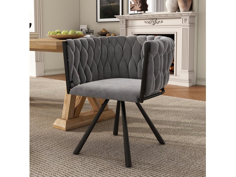  Lot de 6 chaises de salle à manger gris+noir en velours, moderne, avec accoudoirs, pivotantes, pieds en métal  - Conforama B