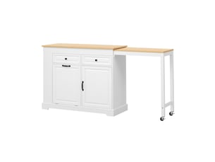 Îlot de cuisine mobile avec plateau latéral extensible, rangements, tiroirs et emplacement pour poubelle