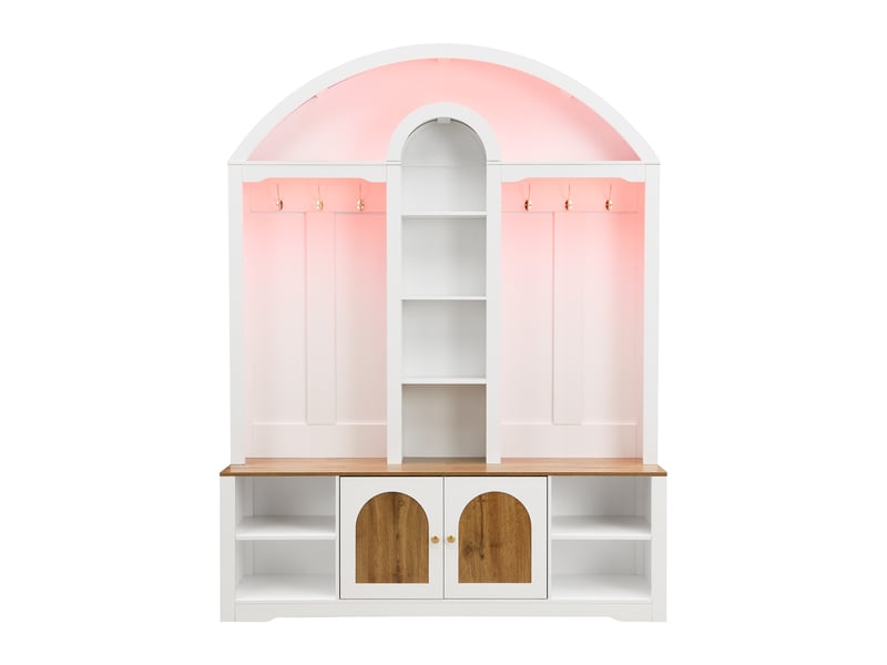  Vestiaire d'entrée, meuble de rangement avec porte-manteau et étagère à chaussures, mdf style scandinave 150x40x195 cm avec ruban led, blanc et bois  - Conforama D