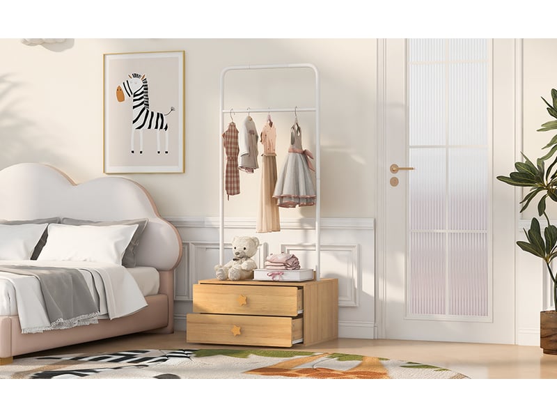 Meuble de rangement avec tringle, 2 tiroirs et crochets étoilés pour chambre enfant, bois clair, 70 × 55 × 168 cm - Conforama D