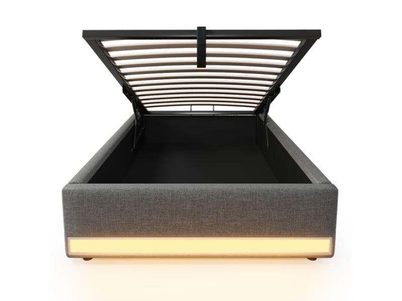 Sommier coffre 90x200 cm led multicolore usb-c poches latérales sans tête fonction design moderne lin gris sans matelas - Conforama R