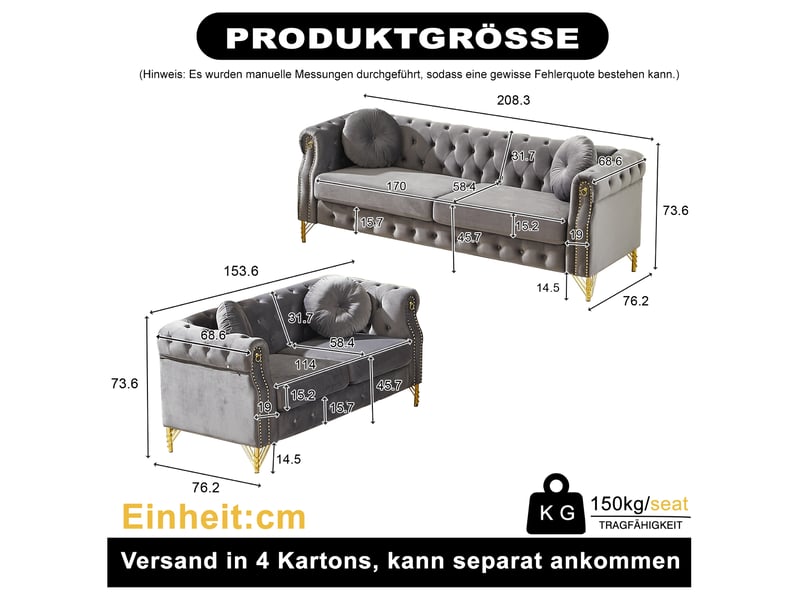 Canapé 3+2 places en velours gris avec pieds métalliques dorés - Conforama C