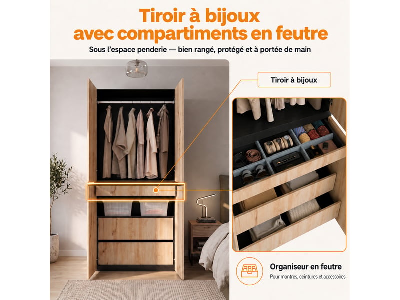  Armoire chêne avec tiroir à bijoux, 90 x 50 x 200 cm, 4 portes, tringle à vêtements et 2 tiroirs  - Conforama E