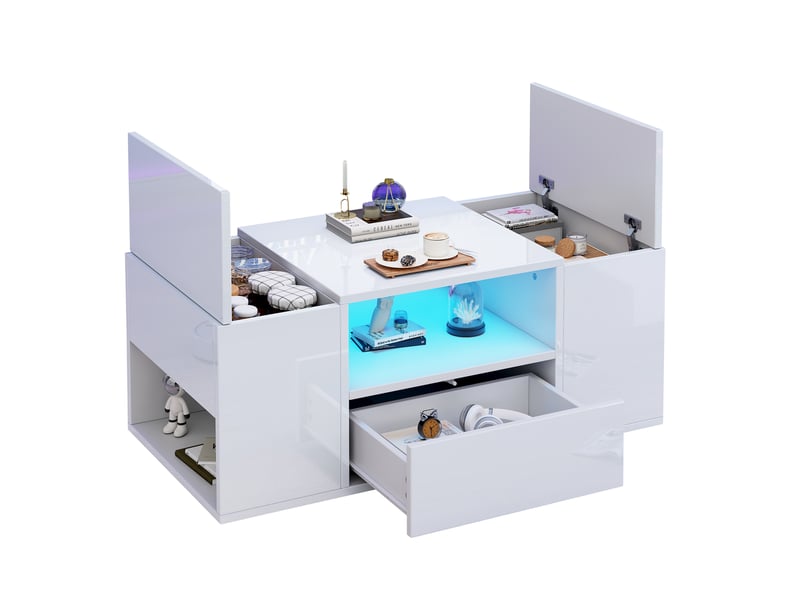  Table basse blanche brillante avec éclairage led, table de salon 100x50x40 cm avec tiroir et compartiments  - Conforama W