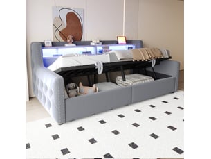 Lit coffre 90 x 200 cm gris clair en velours, led, rangement hydraulique, prise usb et sommier à lattes