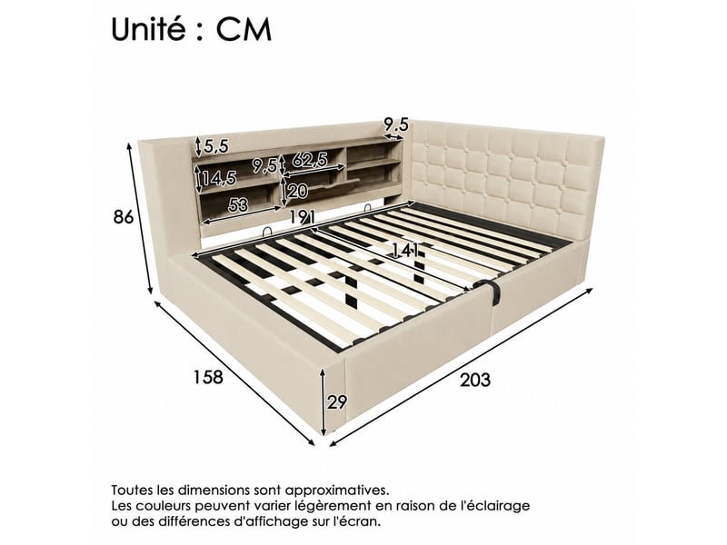 Lit 2 places 140 x 190 cm avec tête de lit en l, led et rangement, beige - Conforama C
